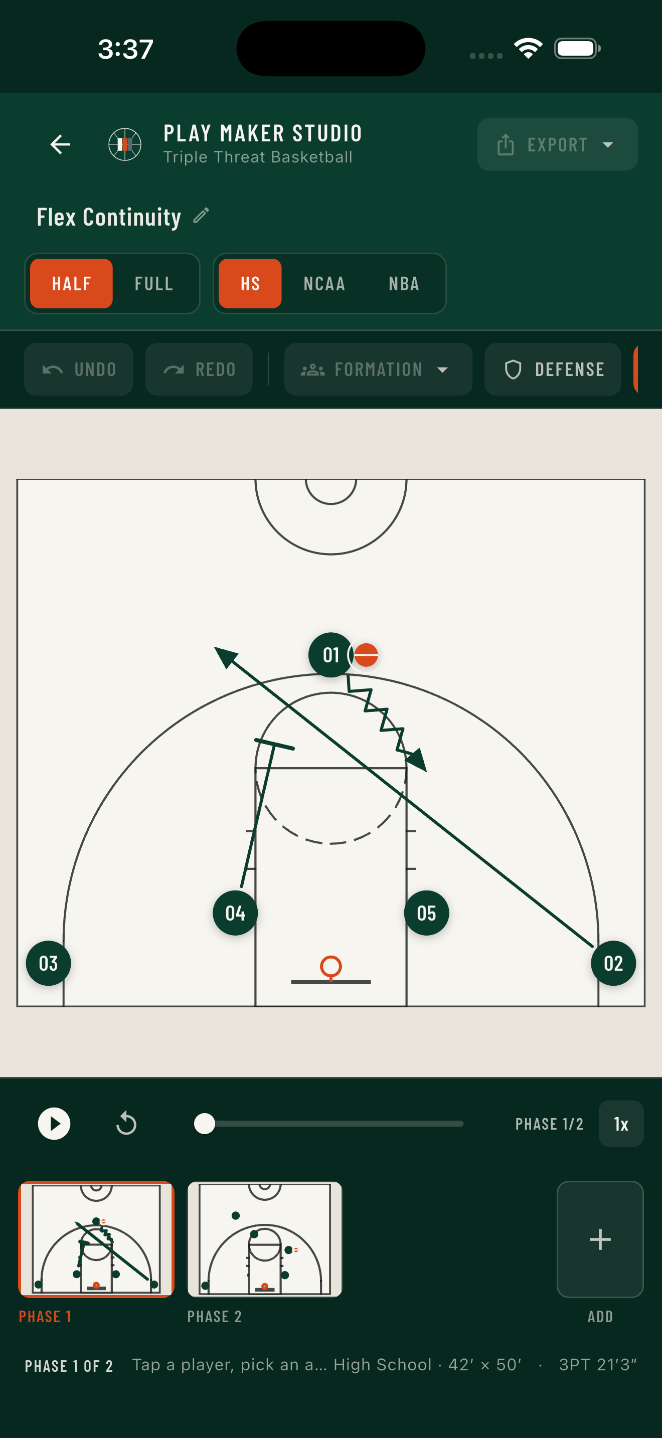Play Maker Studio play designer showing the Flex Continuity play on a half court with players, ball, and movement arrows