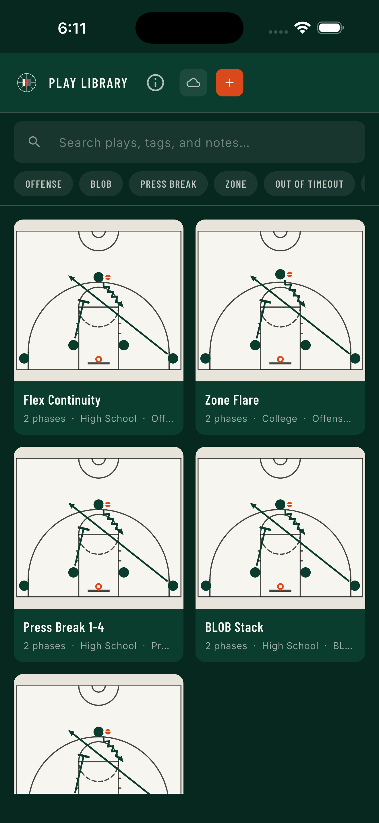 The Play Library grid of saved plays