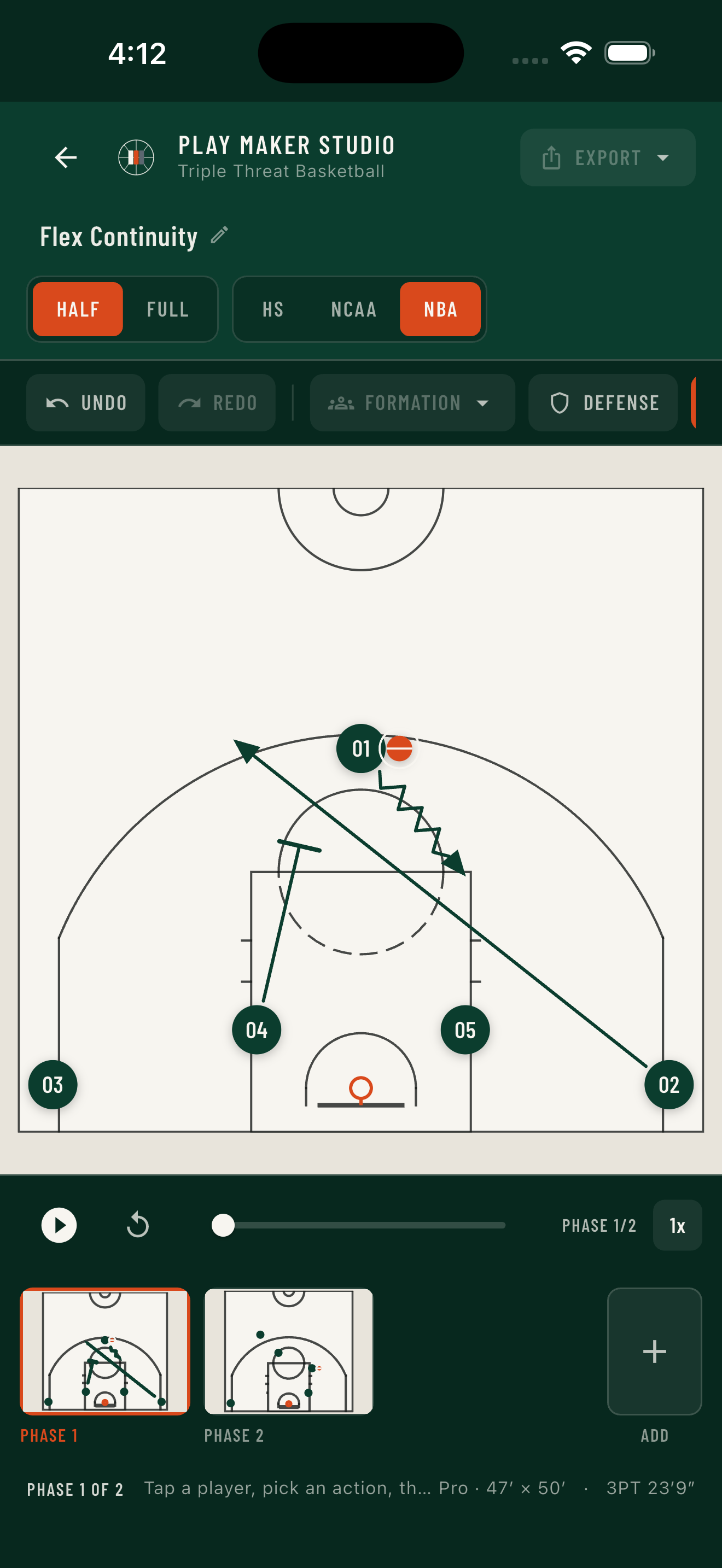 The same play switched to NBA court markings in a single tap